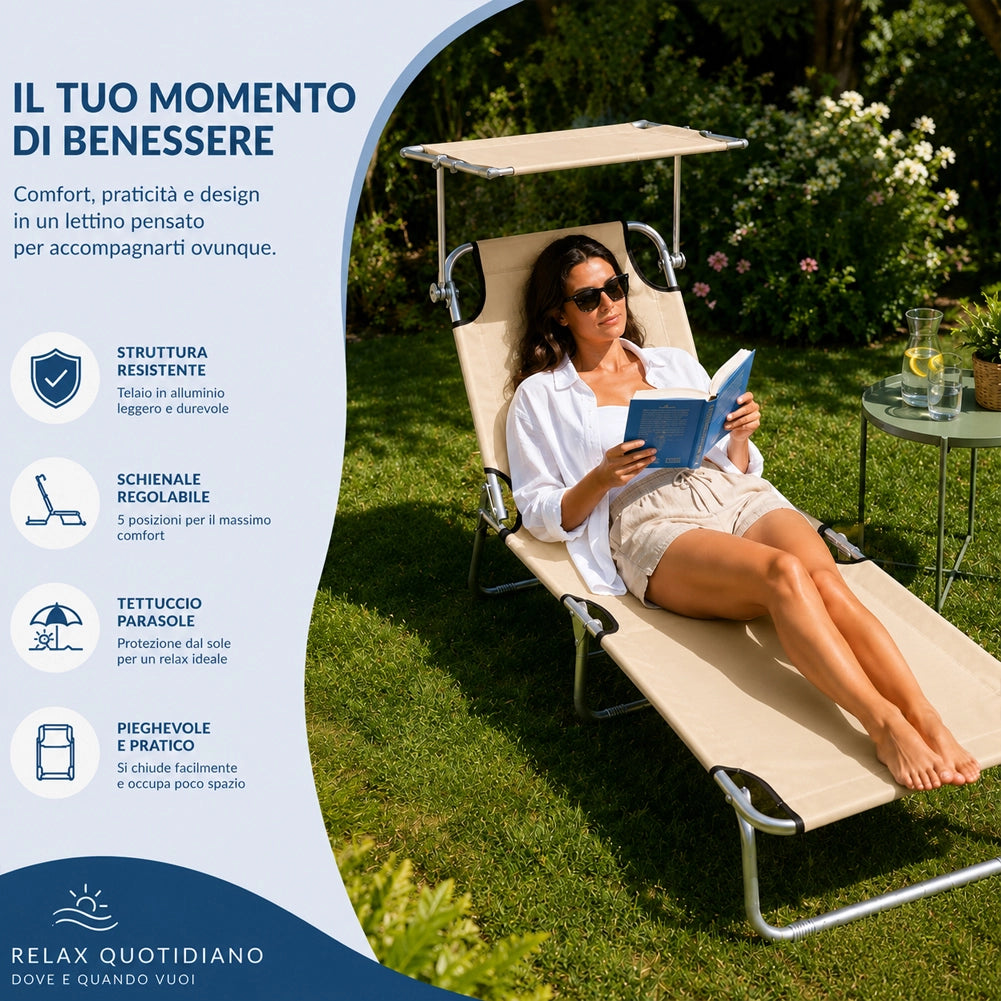 Lettino Mare Pieghevole Leggero con Tettuccio Parasole Regolabile Beige