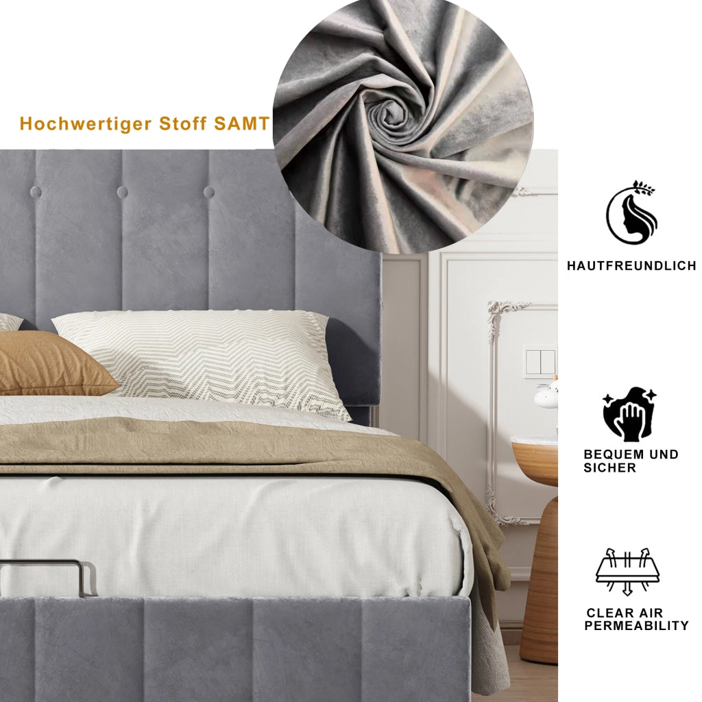 DESMIU Letto matrimoniale 140 × 200 cm con contenitore idraulico, 2 posti, senza materasso, in velluto, grigio