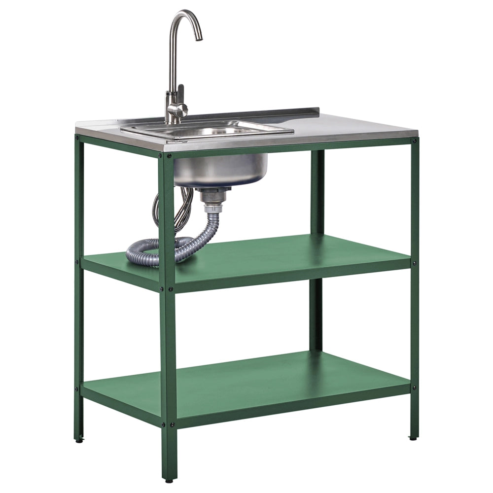 Mobile da giardino in acciaio con lavello a leva  con ripiani in acciaio inox nero 80x50x92 cm 2 ripiani con top Cucina da giardino da pranzo