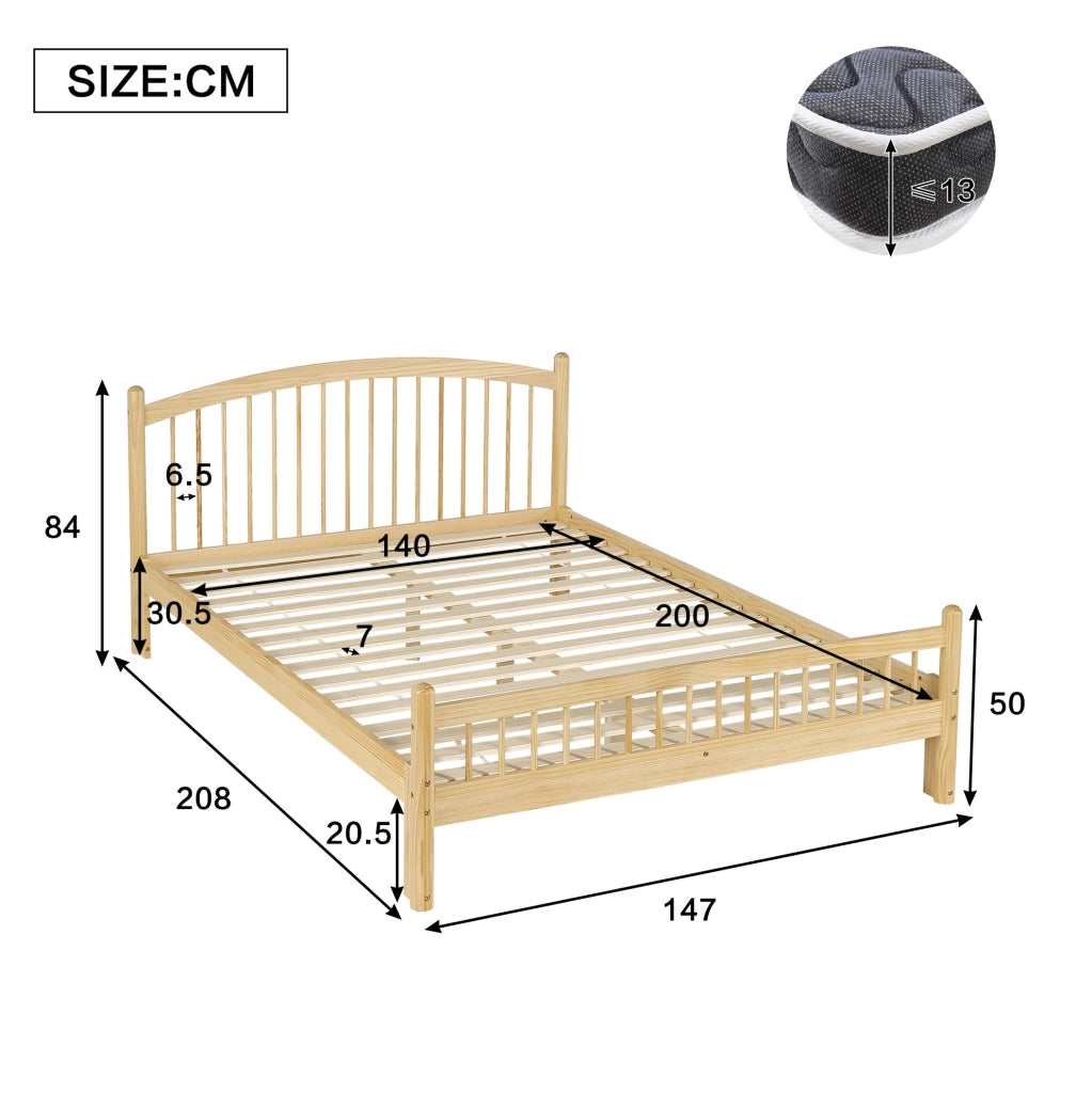 Letto in legno massello 140x200 cm dal design minimal con rete a doghe