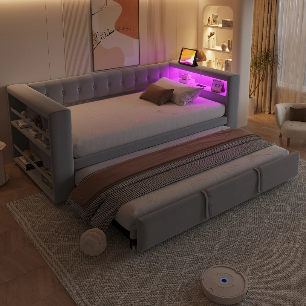 DESMIU Letto singolo 90 × 190 cm e 180 × 190 cm con LED, prese, contenitore, senza materasso, in flanella, grigio chiaro