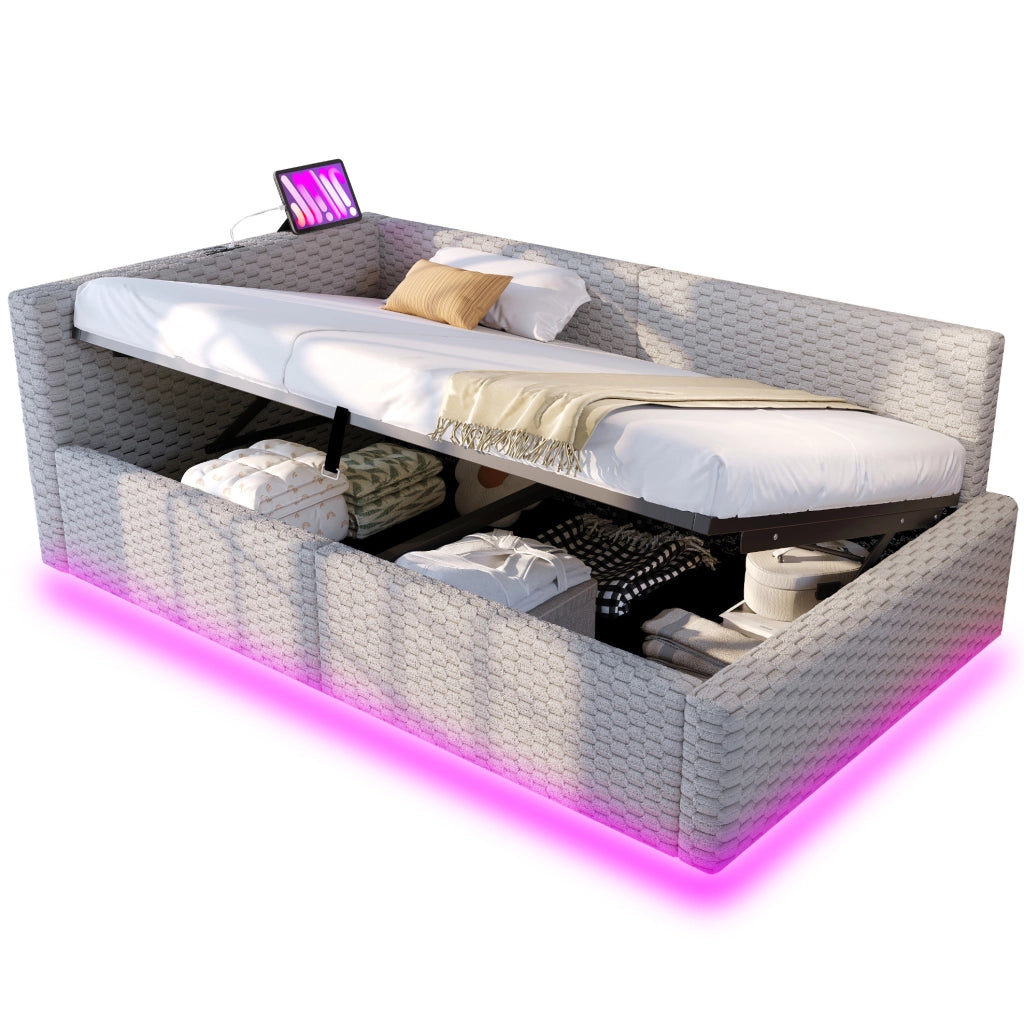 Letto imbottito 90x200 cm con vano contenitore, LED e porte USB/Type-C