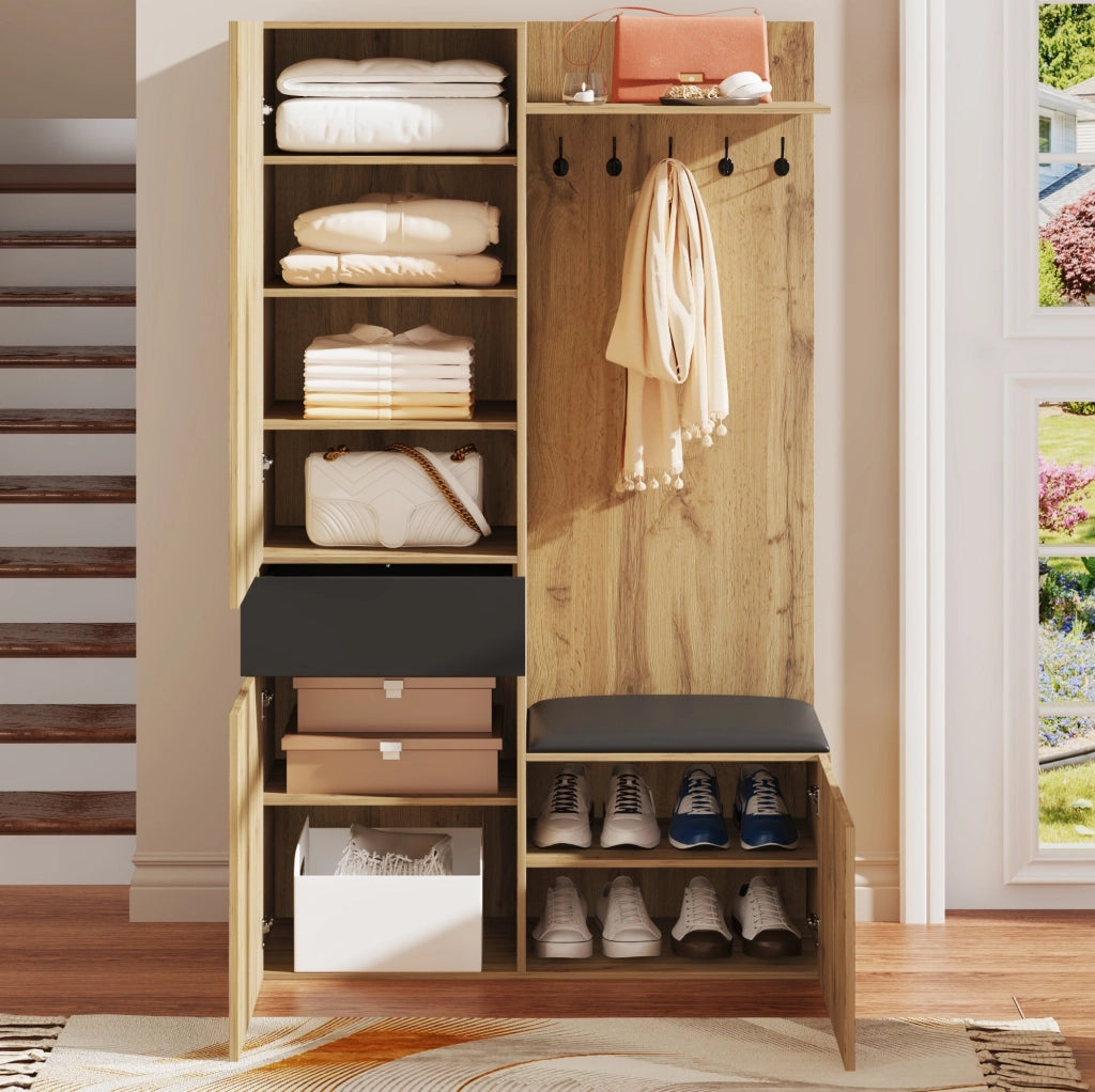 Set guardaroba da ingresso con specchio e 5 ganci; contenitore multifunzione in MDF nero e naturale