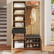 Set guardaroba da ingresso con specchio e 5 ganci; contenitore multifunzione in MDF nero e naturale