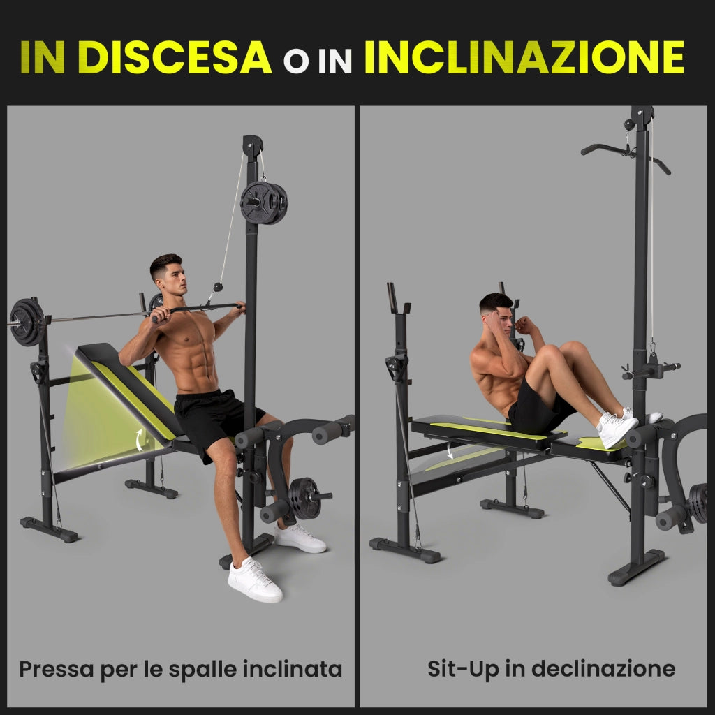 Panca Multifunzione Fitness con Schienale Regolabile e Barra ¨C zephmum ¨C Nero 175x110x202 cm
