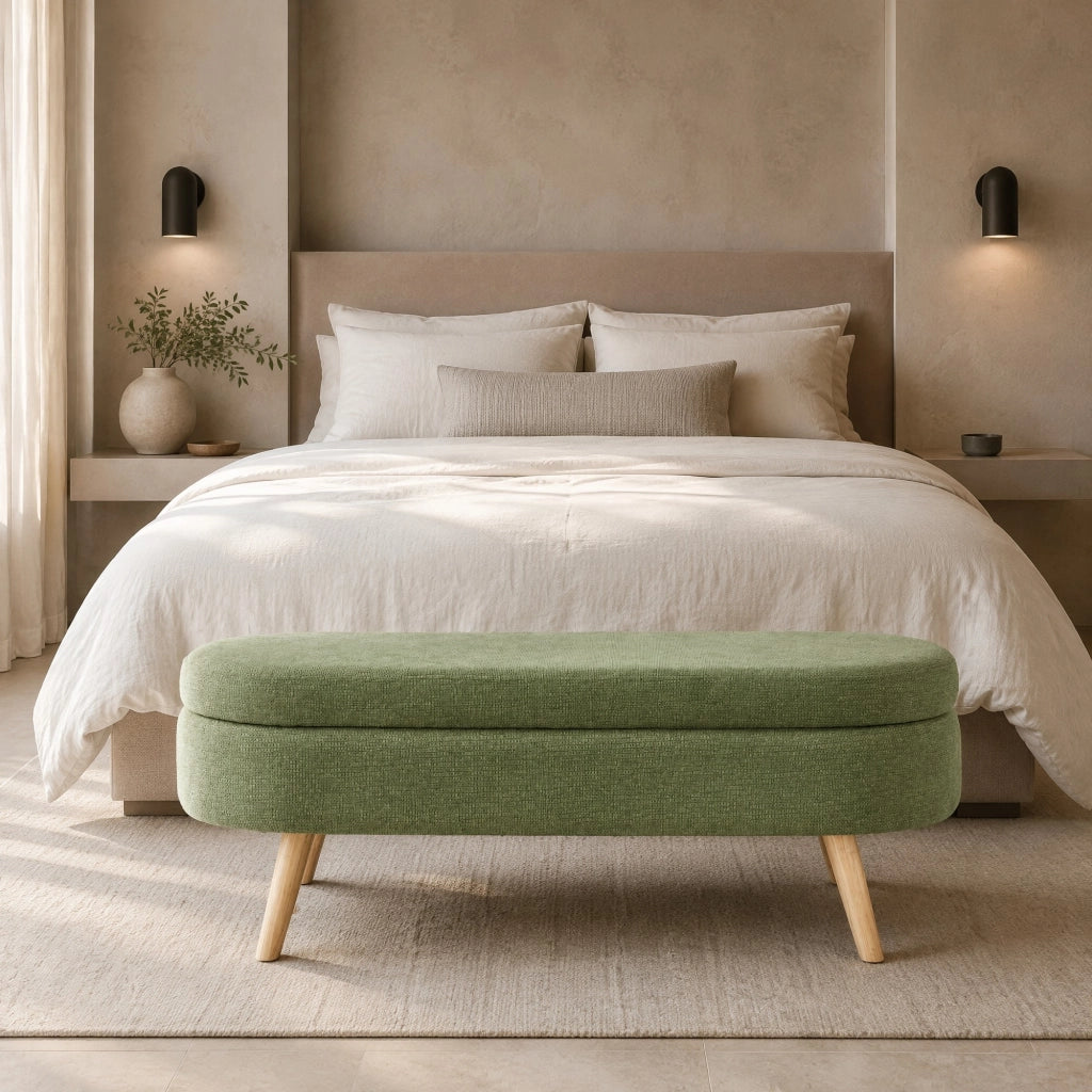 Panca contenitore 110 cm in chenille verde, struttura MDF robusta, con vano portaoggetti e fori di ventilazione