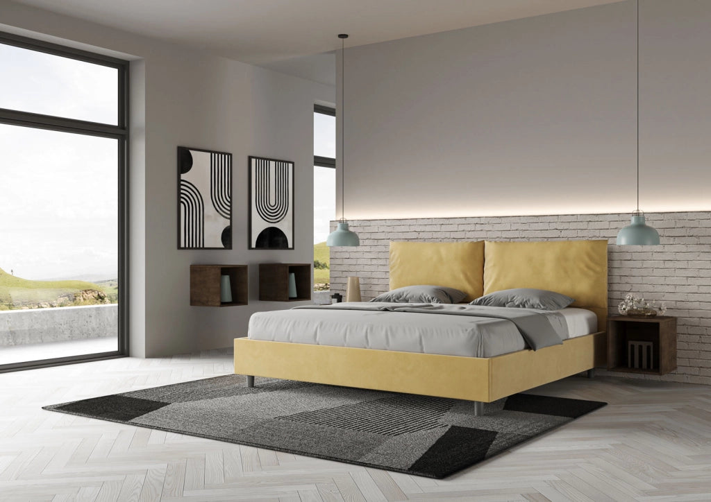 BS COM Letto matrimoniale king size contenitore imbottito 190x210 microfibra ocra Large