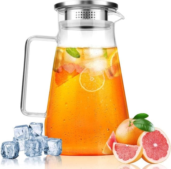 Karaf da acqua 1,5 litri in vetro con coperchio e maniglia - trasparente e resistente al calore - per acqua fredda-calda, tè freddo, vino, succo, latte