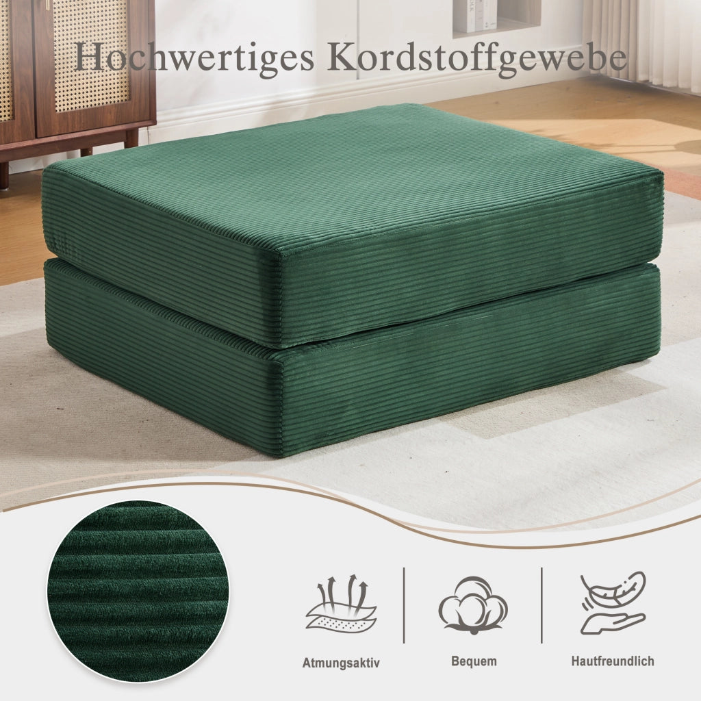 Poggiapiedi Convertibile con Funzione Letto, Struttura Modulare in Velluto Corduroy, Smeraldo