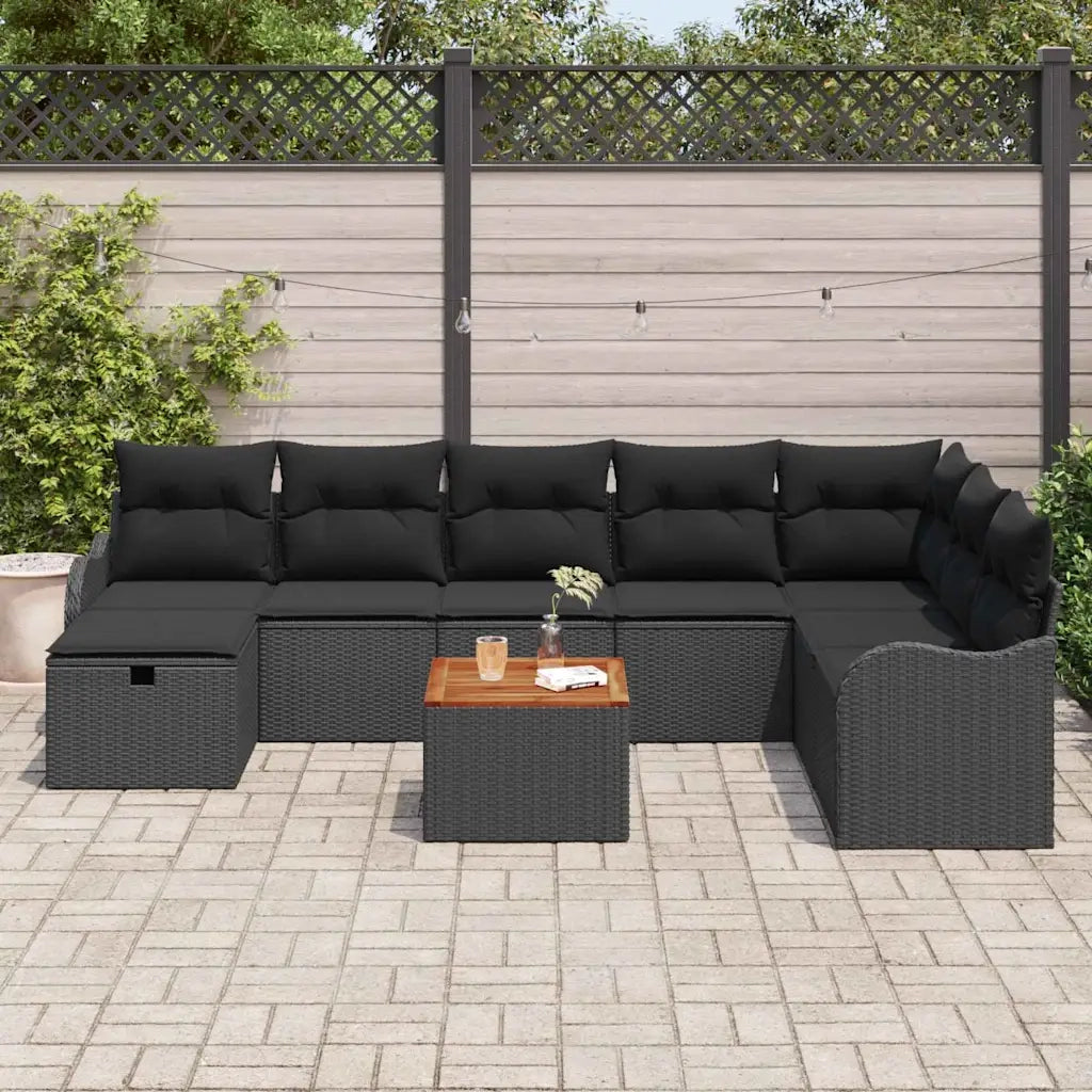 Set Divano da Giardino con cuscino 9 pcs Nero Poly Rattan