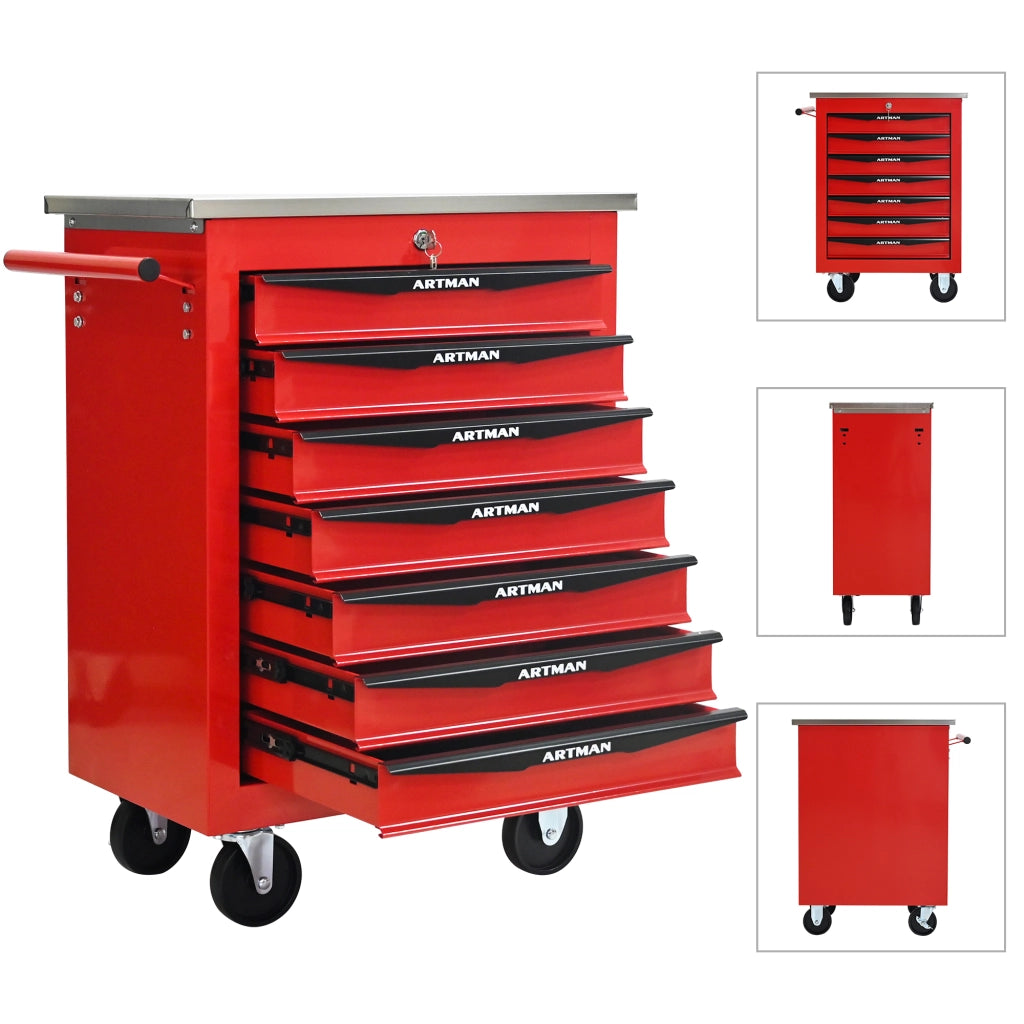 Carrello attrezzi con 7 cassetti e serratura - per garage - in acciaio - 62.5×34.5×78 cm - rosso e nero