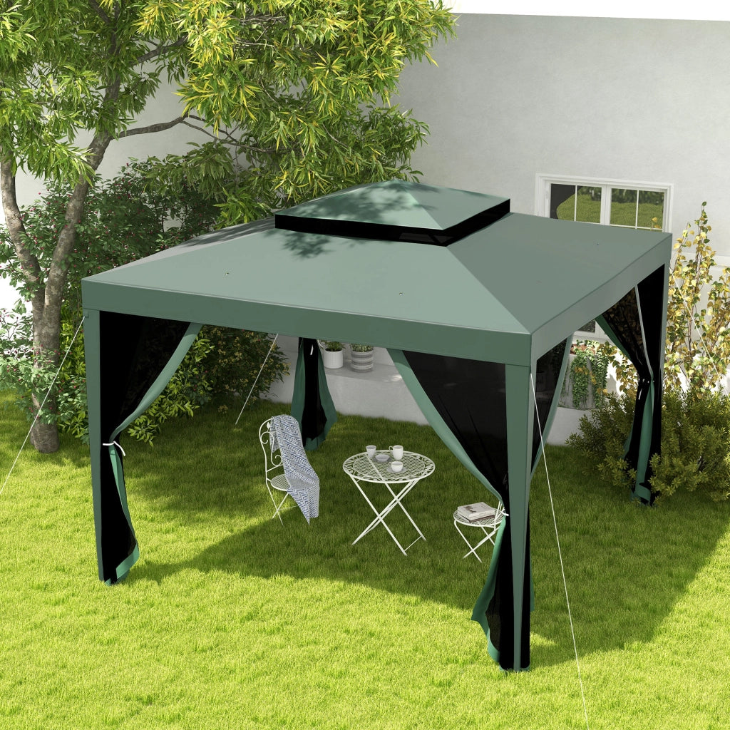 Gazebo da Giardino 3x3 m ¨C Zephmum ¨C Verde con 4 Mosquitiere e Tetto Doppio