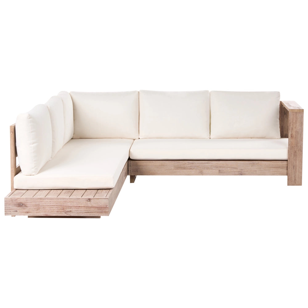 Set divano angolare da esterno in legno di acacia chiaro certificato, con cuscini bianchi set da salotto a 5 posti con disposizione a sinistra e tavolino
