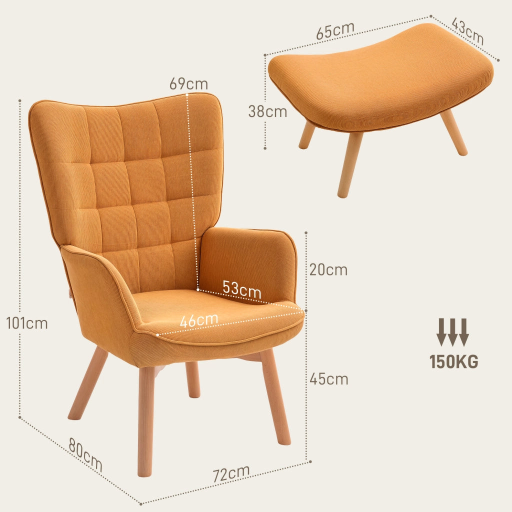 Poltrona con poggiapiedi, poltrona a orecchioni con schienale alto, gambe in legno, poltrona lounge con design capitonn¨¦, effetto velluto a coste,