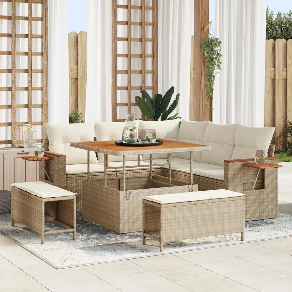 Set Divano da Giardino 9 pcs Beige e Crema polyrattan