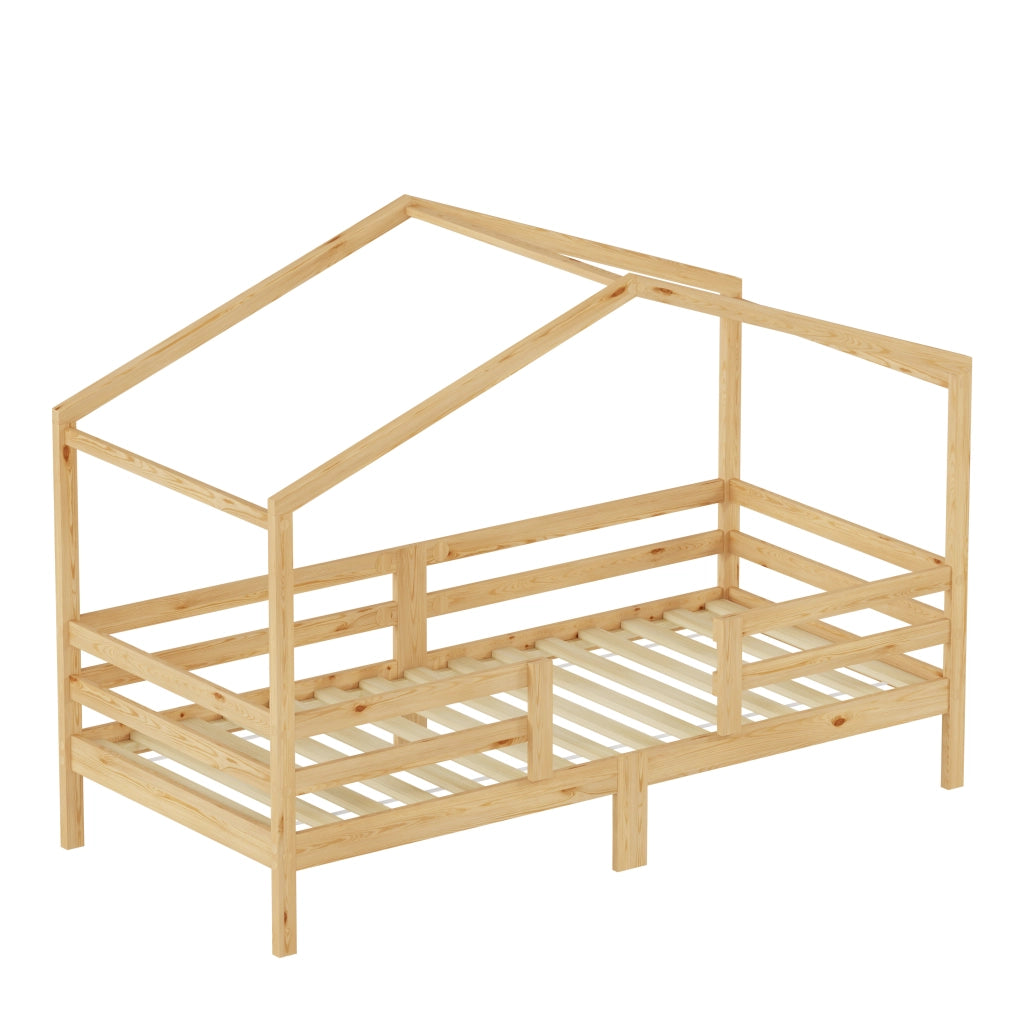 Letto a casetta per bambini 90x200 cm in legno massello di pino, per maschietti e femminucce, con tetto a forma di casetta, protezione anticaduta su t