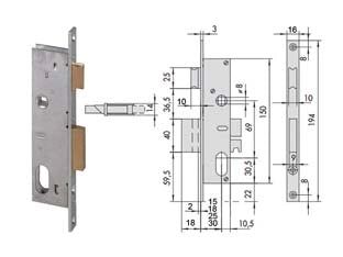 SERRATURA DA INFILARE PER MONTANTI CATENACCIO E SCROCCO 2 MAND. 44225  mm.25 (44225250)    CISA
