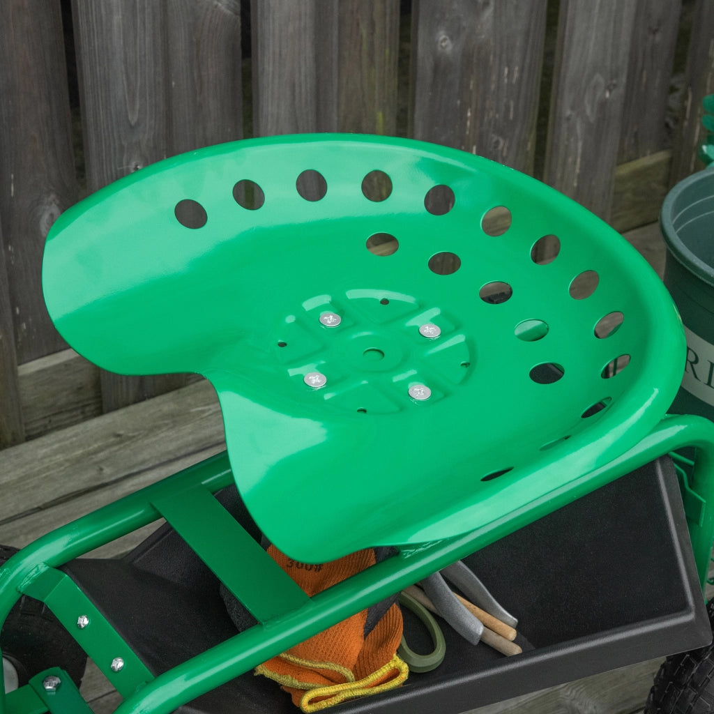 Carrello da giardino, carrello da officina, sedile da giardino girevole, cestino portaoggetti, altezza regolabile, portata 150 kg, verde, 81 x 44,5 x