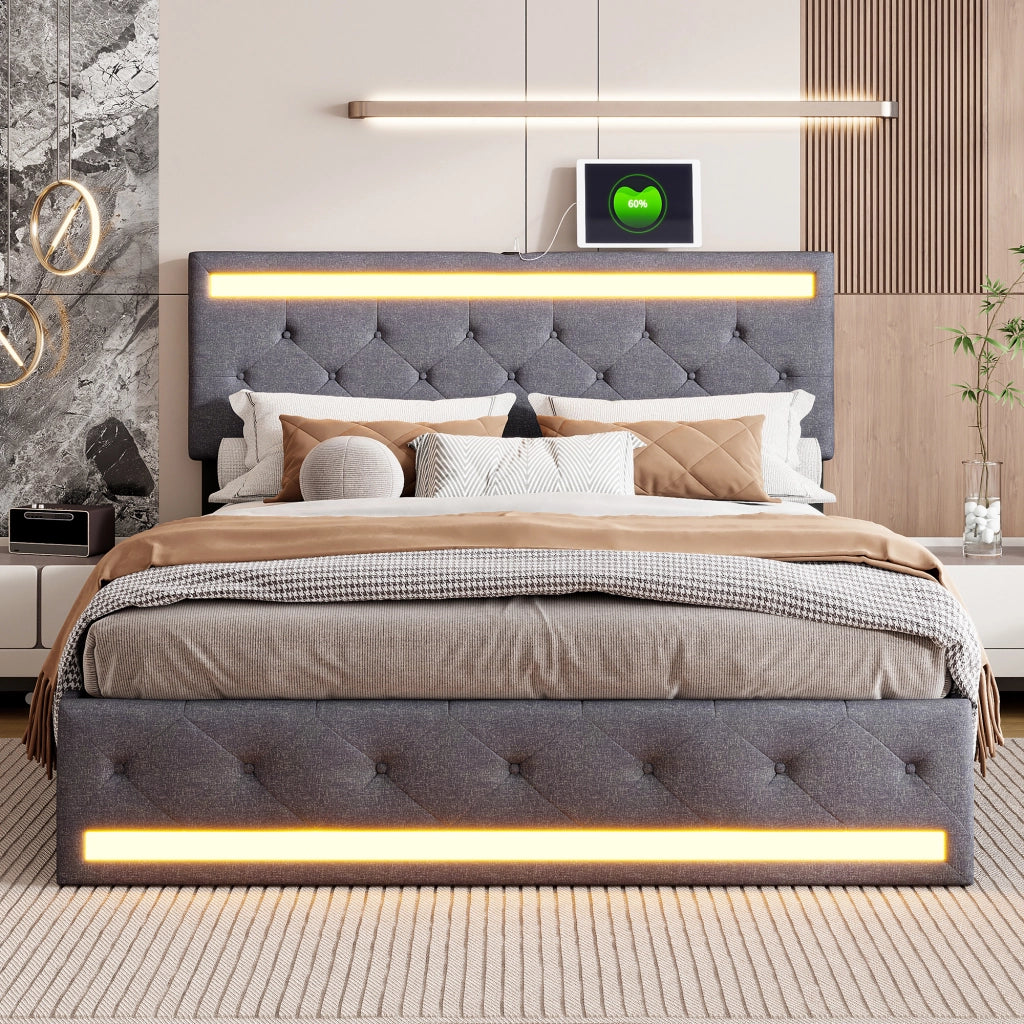 Letto matrimoniale contenitore 160x200 cm con testiera regolabile LED e porte USB struttura letto con 4 cassetti in legno lino grigio