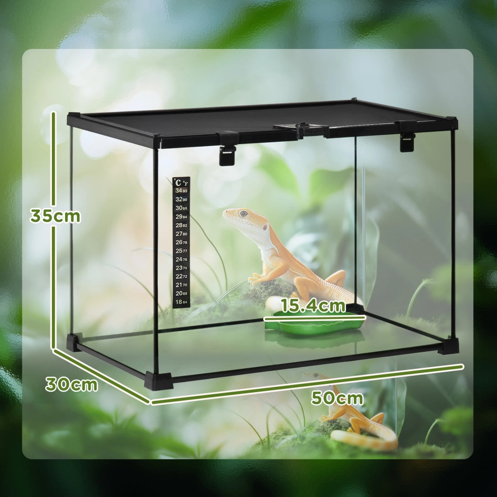 Terrario per Rettili Rialzato ¨C Xylo ¨C Vetro e Rete Metallica con Serratura e Termometro, 50x30x35 cm, Nero