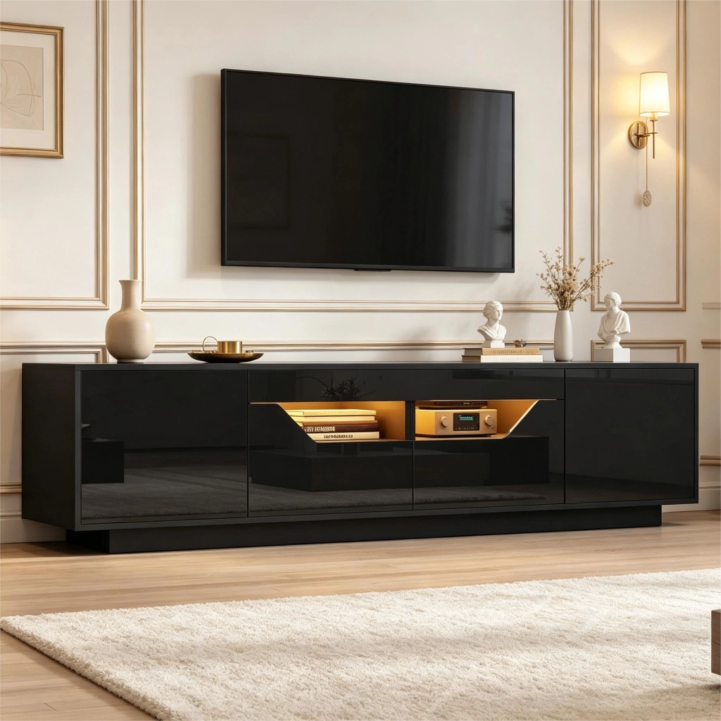 MOBILE TV 180x40x45 cm Nero lucido con LED 2 cassetti e 2 ante