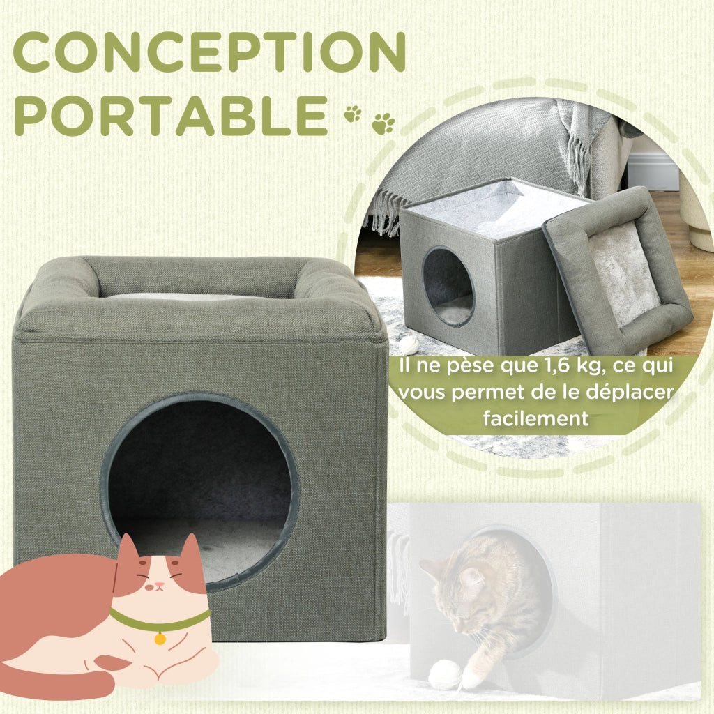 Casa per gatti a 2 livelli con cuscino morbido in peluche ¨C Xylo ¨C grigio 36,5x36,5x33cm
