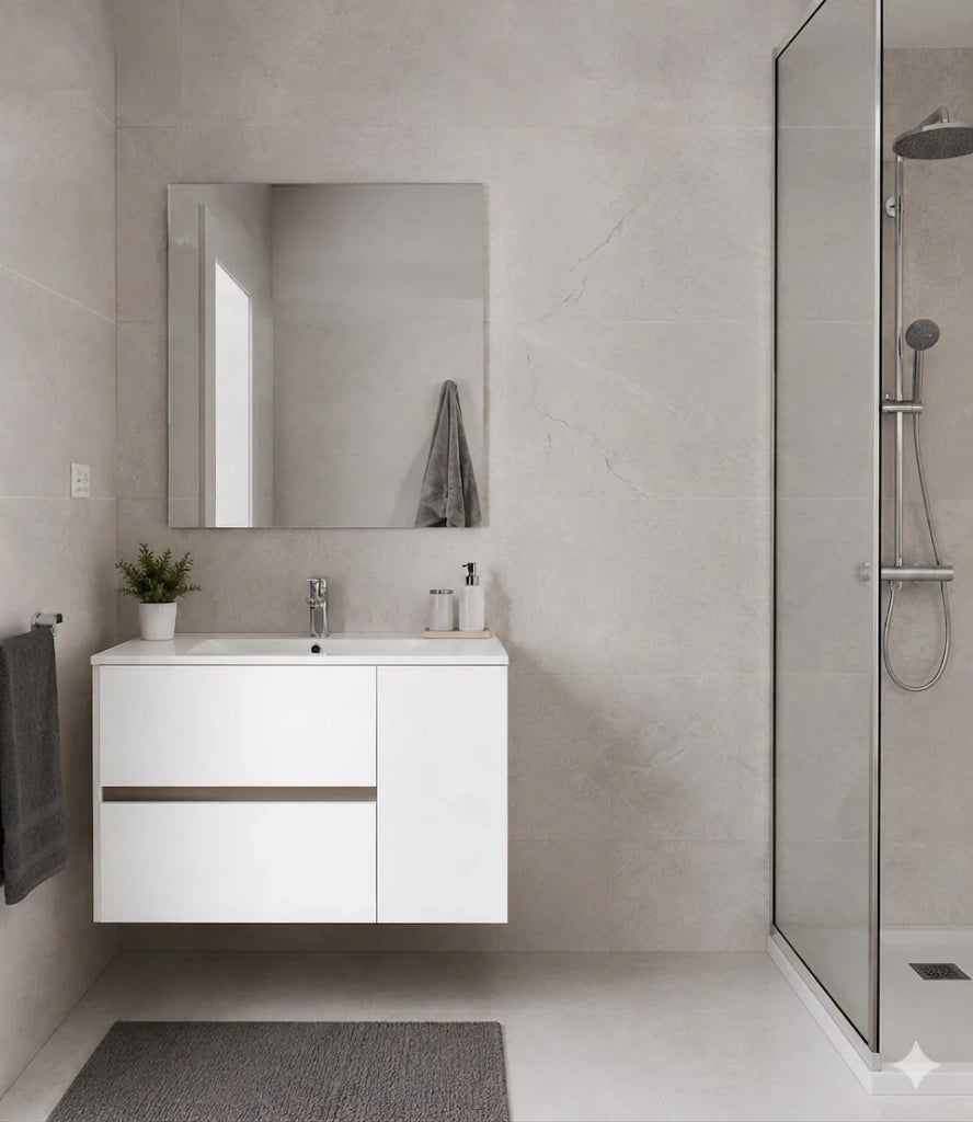 Mobile Bagno HEIMDALL Già Montato 2 cassetti e porta, lavabo e specchio Bianco lucido 70x45 cm
