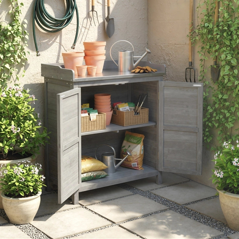 Mobile da giardino con tavolo da rinvaso, casetta portautensili in legno con piano di lavoro zincato e 2 ripiani, grigio