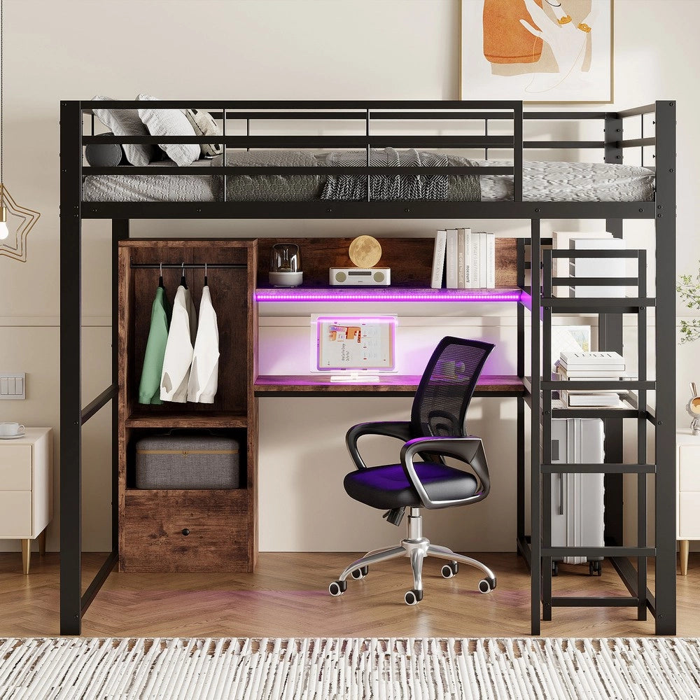 Letto a Soppalco con Scrivania e LED ¨C MINIMAL ¨C Metallo Nero 140x200cm