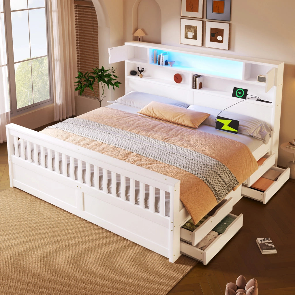 Letto matrimoniale 180x200 cm con testiera a libreria; LED e 4 cassetti in MDF e compensato; bianco