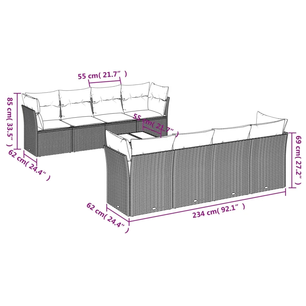 Set Divano da Giardino 9pz con Cuscini Grigio Chiaro Polyrattan