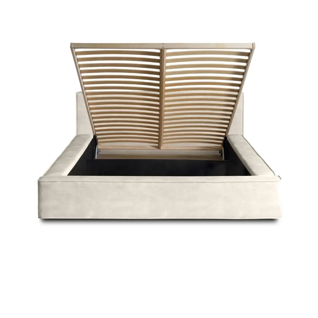 Letto contenitore VELORA – Perla – 140x200 cm – Tessuto velluto morbido – Rete sollevabile – Spazio di stoccaggio integrato