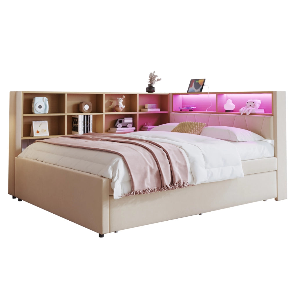 Divano letto multifunzione con letto estraibile, LED, prese integrate e vani portaoggetti