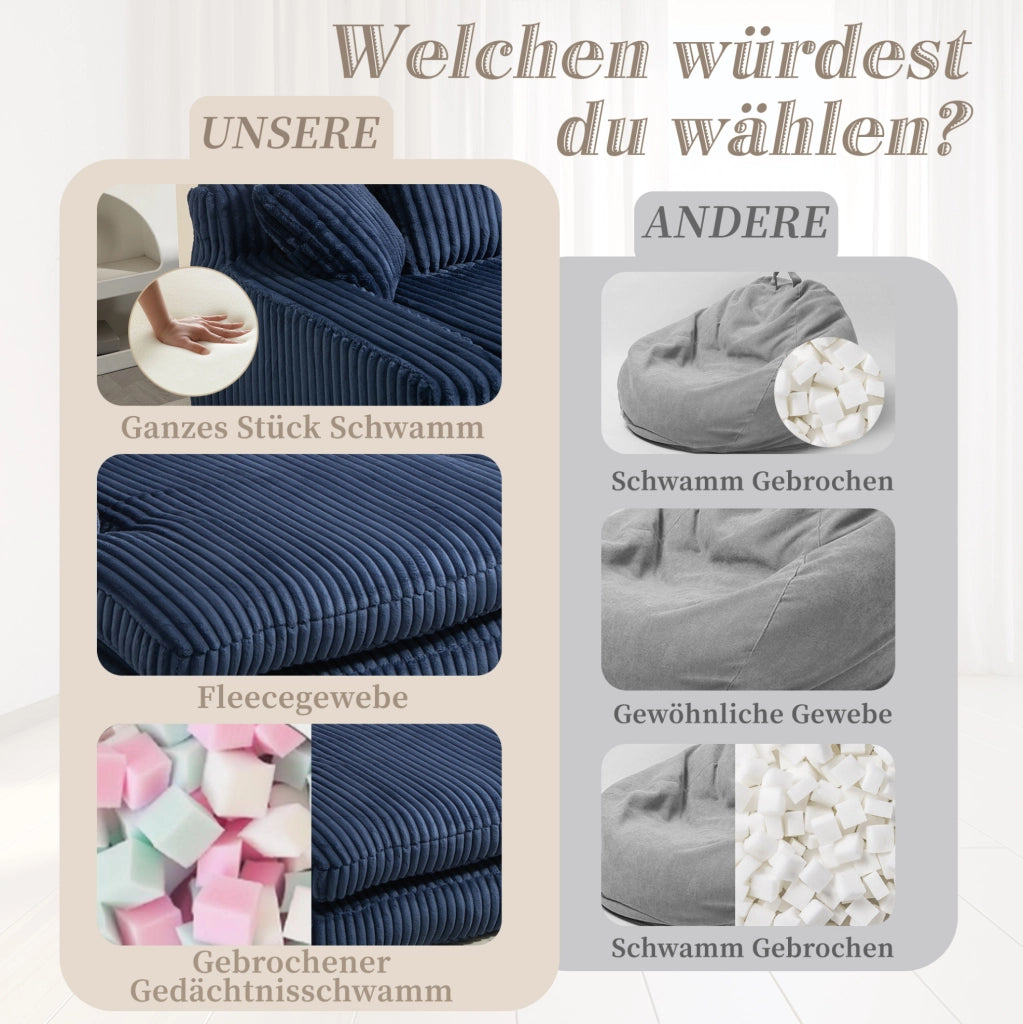 Chaiselongue da interno in corduroy blu navy con 3 cuscini; 125x155x63 cm
