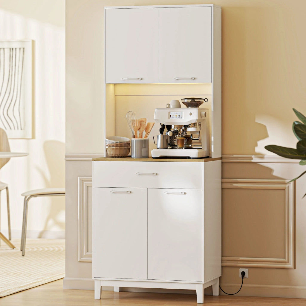 Credenza Moderna 71x40x180 cm con Luci LED Prese Elettriche e USB 2 Armadietti e Cassetto Bianco
