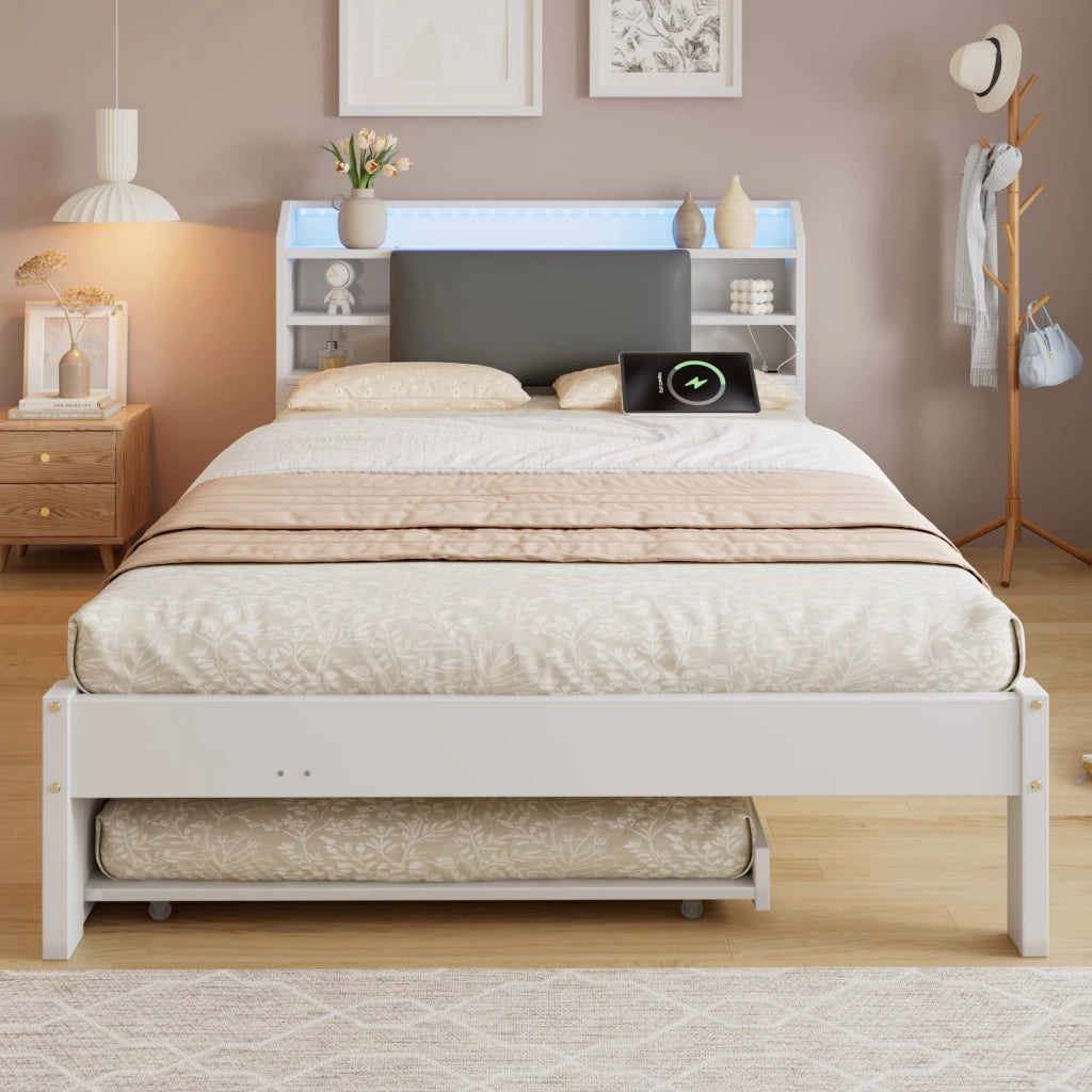 DESMIU Lit simple 120 × 200 cm con letto estraibile 90 × 190 cm, LED, ripiano e ricarica, senza materasso, bianco