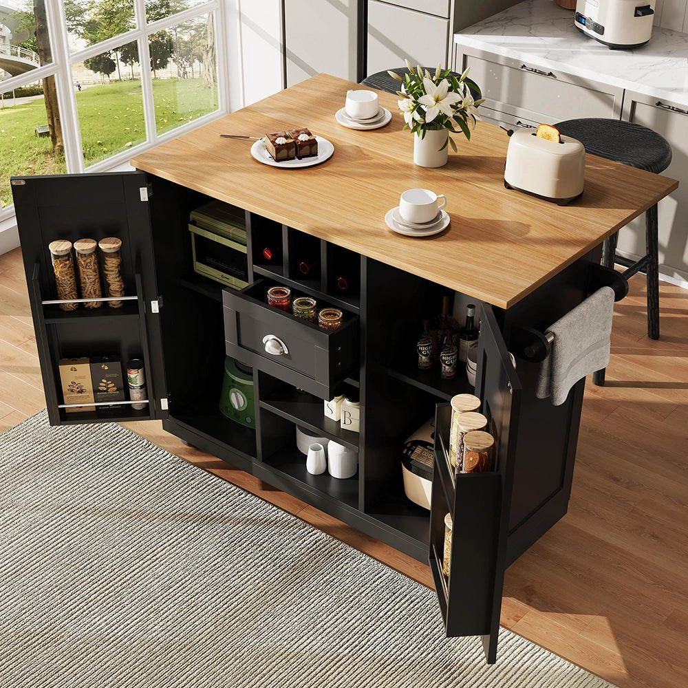 Isola cucina con piano - Xylo - nero porta-bottiglie ruote