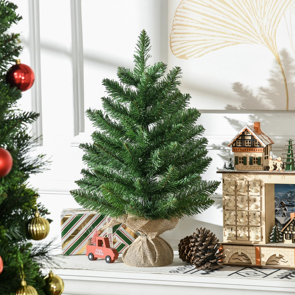 Albero di Natale Mini 55cm con 50 Rami Folti e Aghi Realistici in PVC, Base in Cemento e Iuta