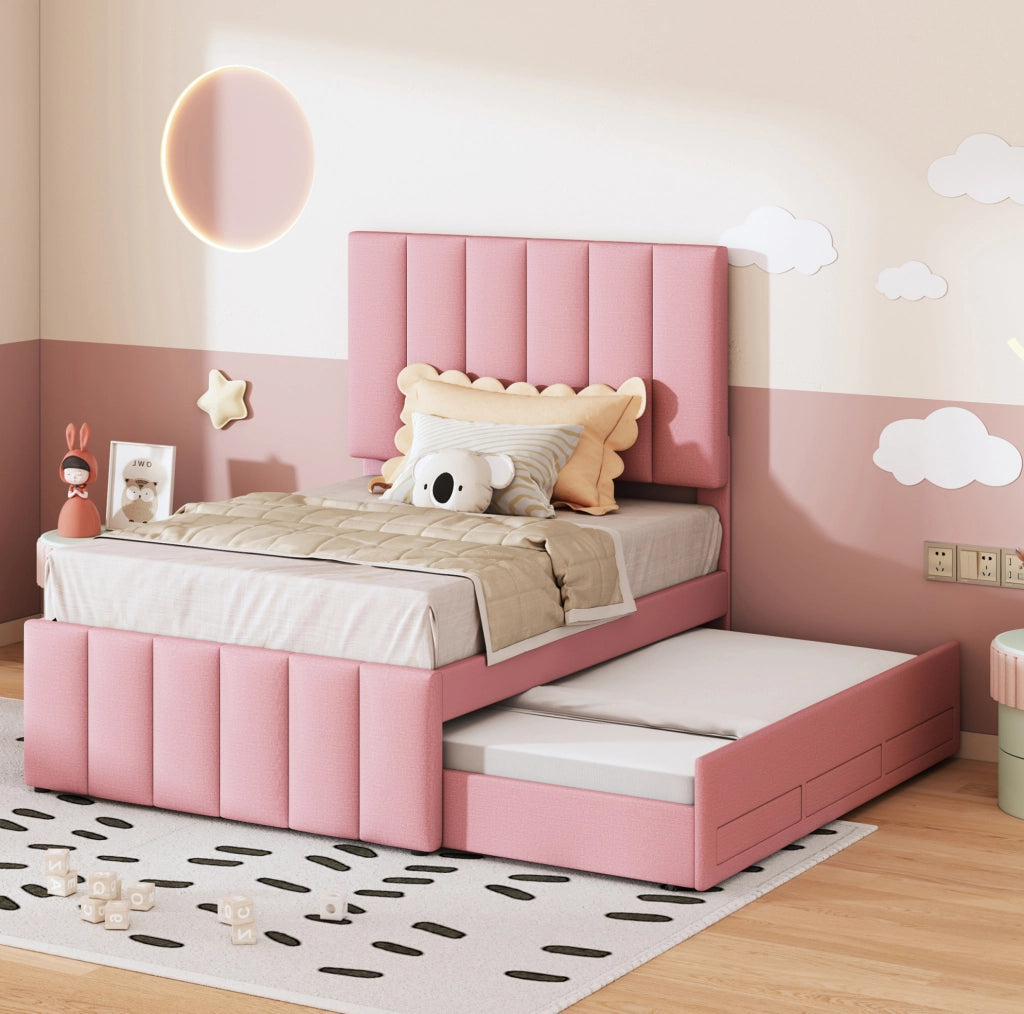 Letto imbottito multifunzione con letto estraibile e 3 cassetti, colore rosa