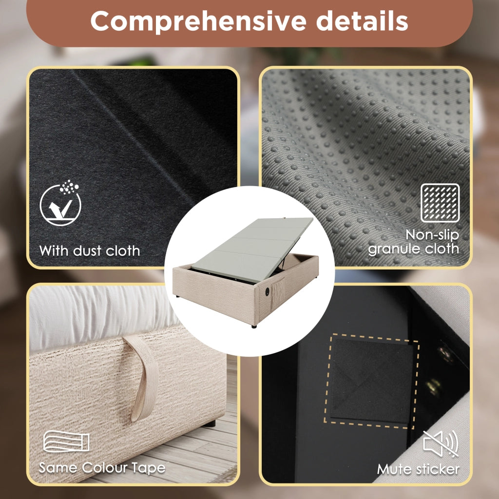 OKWISH Letto contenitore 90×200 cm, Letto Singolo con USB, Type C e Tasca Laterale, senza Materasso, in Lino, Beige Naturale