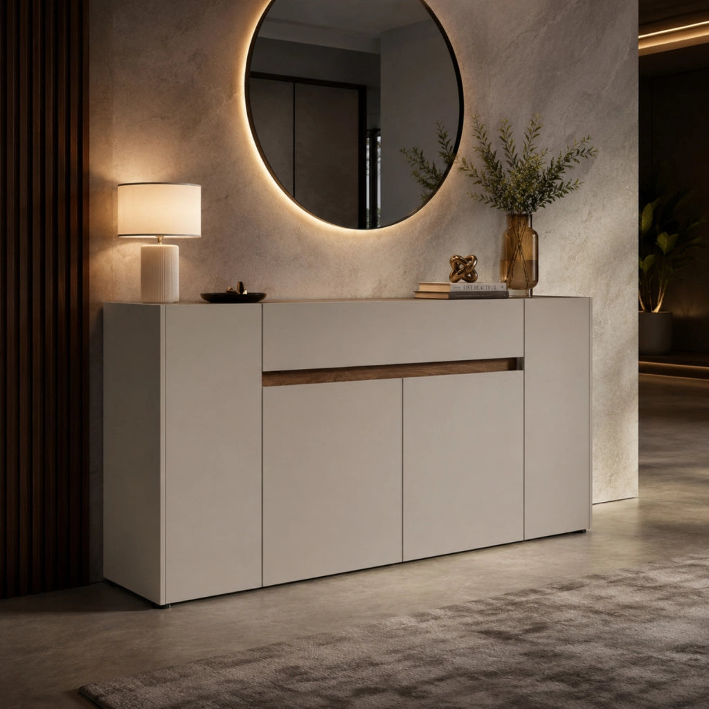 Credenza Moderna Madia In Melaminico Con 4 Ante E 1 Cassetto Mobile Contenitore Sala da Pranzo Soggiorno Design Senza Maniglie Elegante Capiente 170 x 85 x 40 cm Noce Chiaro