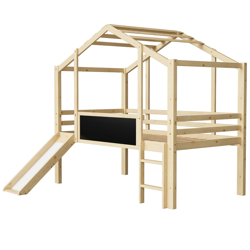 Letto a soppalco per bambini 90×200 cm con scala; scivolo e lavagna; senza materasso; legno massello; naturale