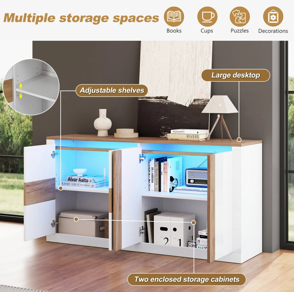 Sideboard moderno 140x35x70 cm in MDF con 4 porte e LED RGB; bianco e rovere naturale