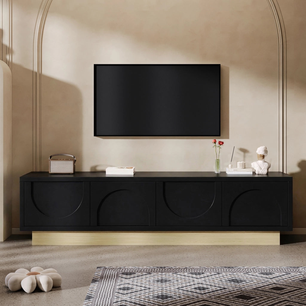 Mobile TV con 4 ante e 2 ripiani per soggiorno; apertura push to open; MDF nero; 175×40×41.5 cm