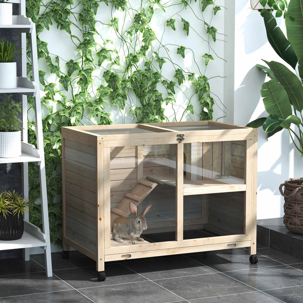 Gabbia per conigli a 2 piani con ruote ¨C Xylo ¨C legno massello naturale 91,5x53,3x73 cm