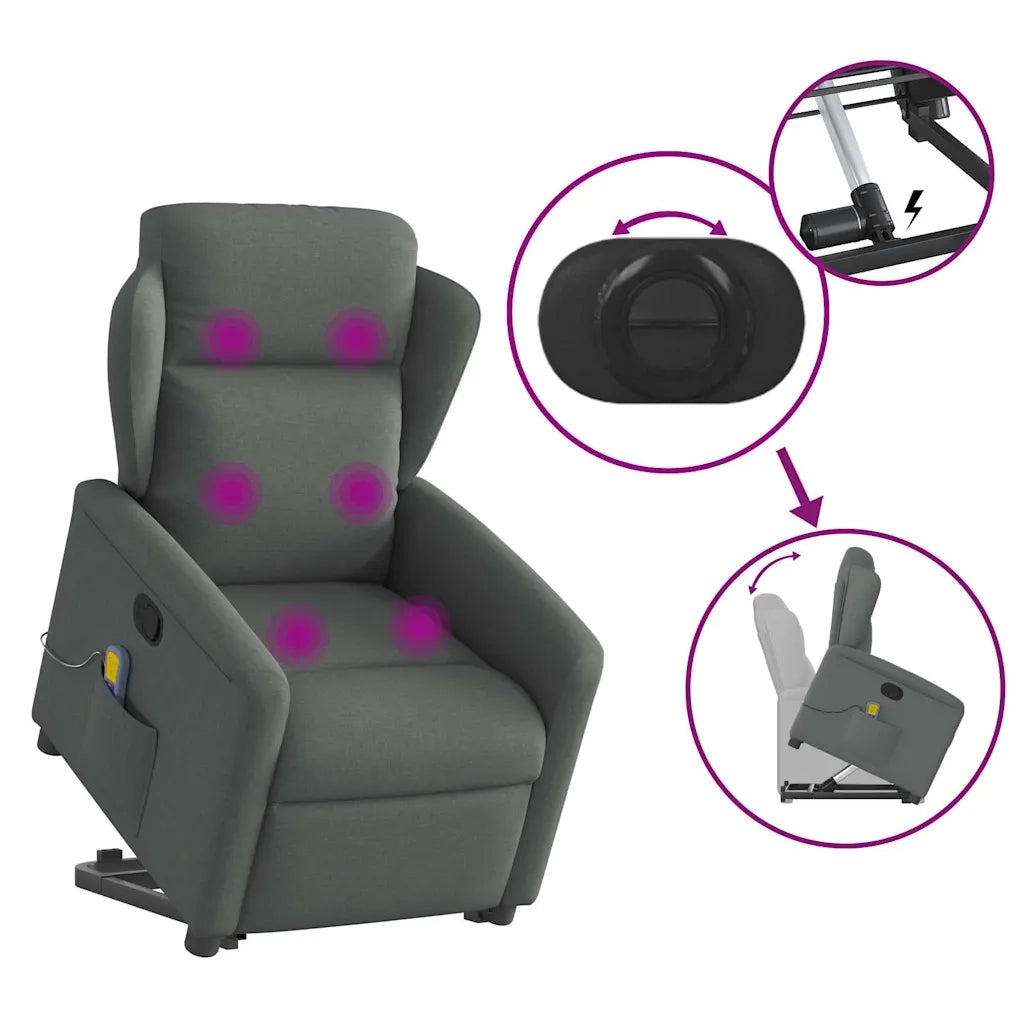 Poltrona | Sedia Relax Alzapersona Massaggi Reclinabile Grigio Scuro Tessuto