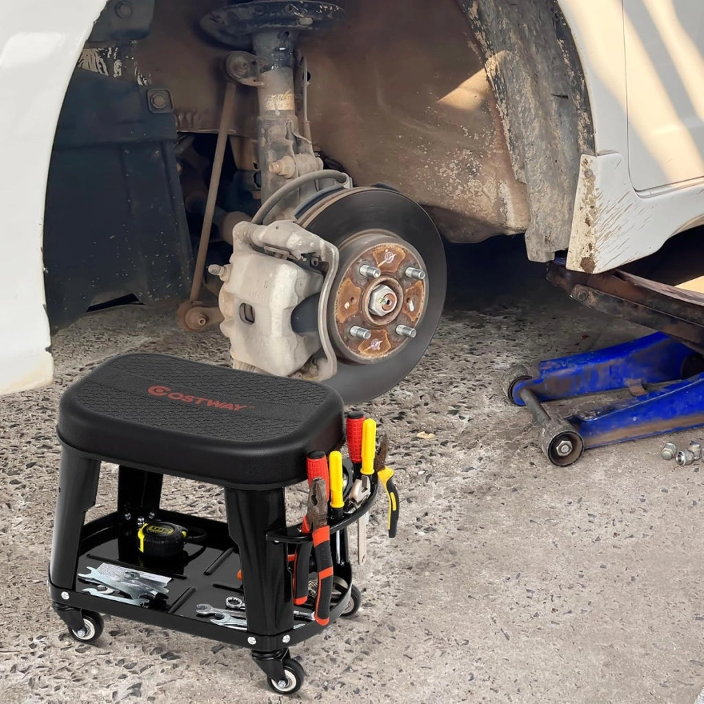 Sgabello da garage a rotelle con ripostiglio, Sedile meccanico per auto con vassoio per attrezzi e portattrezzi Nero