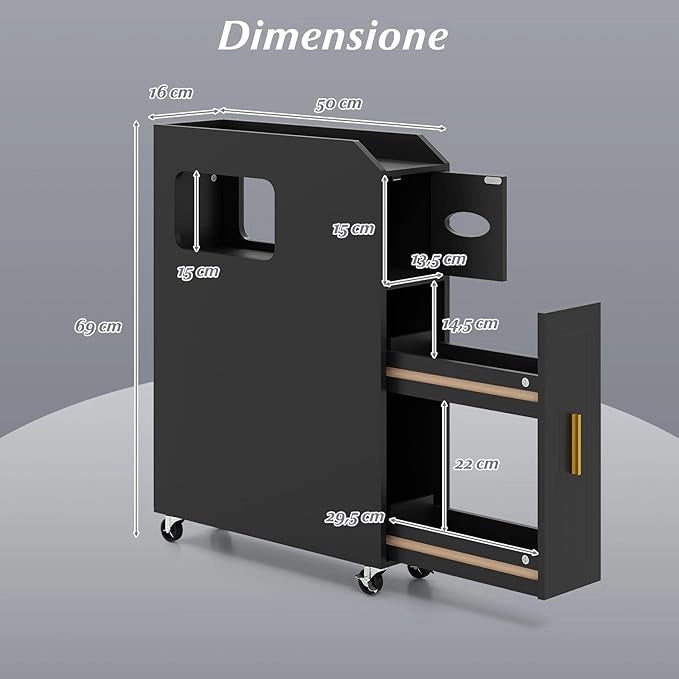 Credenza da Bagno Piccolo, Mobile Salvaspazio Stretto e Slim con Cassetto Scorrevole, Porta Fazzoletti, Portascopino e Ruote Bloccabile, Armadietto per Spazi Ridotti (Nero)