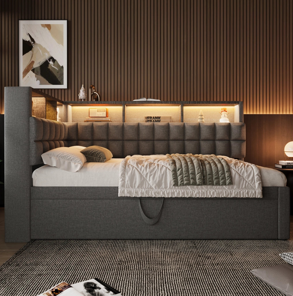 Letto imbottito 90x200 cm con letto estraibile; LED; Bluetooth; USB-A e USB-C; grigio