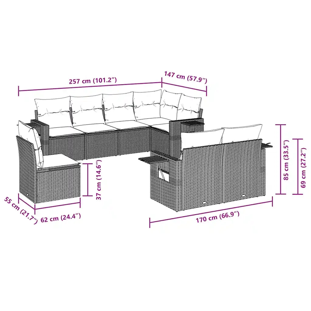 Set Divani da Giardino 8 pz con Cuscini Marrone in Polyrattan